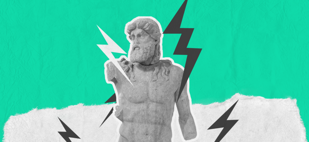 Colagem digital com a estátua de Zeus.